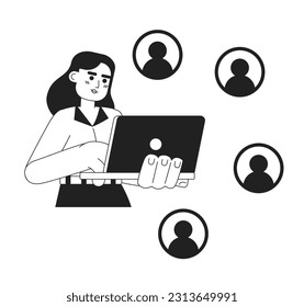 Communicating virtually with clients monochrome concept vector spot illustration. Social media specialist 2D flat bw cartoon character for web UI design. Isolated editable hand drawn hero image