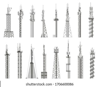 Communicating wireless antenna. Radio cell tower, wireless city antenna. Communications antenna signal station isolated vector icons set. Technology mobile broadcast, wireless radio tower illustration