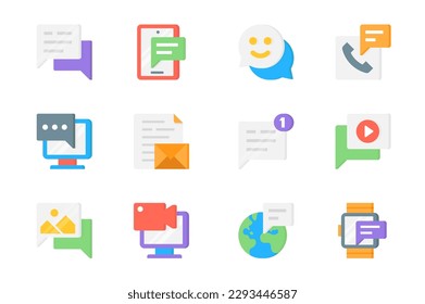 Communication 3d icons set. Pack flat pictograms of chat, message bubble, emoticon, call, computer, email, letter, new notification, video and other. Vector elements for mobile app and web design