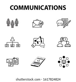 Communication - 9 web Icons set: Message, Media, Target audience, Channel, Advertising, PR, Mobile, Data, Public relations, Feedback. Infographic icons collection. Vector pictograms collection