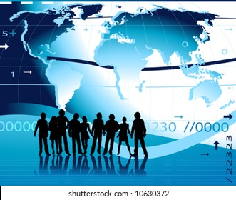 comunicación; fondo de diseño abstracto con personas, mapa del mundo, dígitos, flechas, ondas