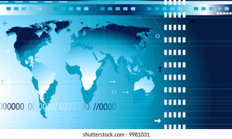 communication; abstract design background with world map, digits, arrows, waves