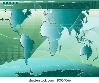 communication; abstract world map background with arrows and waves