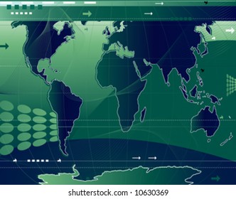 communication; abstract world map background with arrows and waves