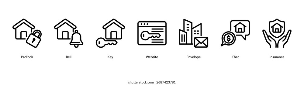 Ilustración vectorial de ícono de Anuncio de Web de comunicación y acceso con candado, campana, llave, Sitio web, sobre, chat y seguro.