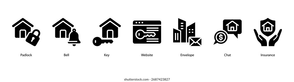Comunicação e acesso web banner ícone de vetor ilustração com Padlock, Bell, chave, site, Envelope, bate-papo e seguro.
