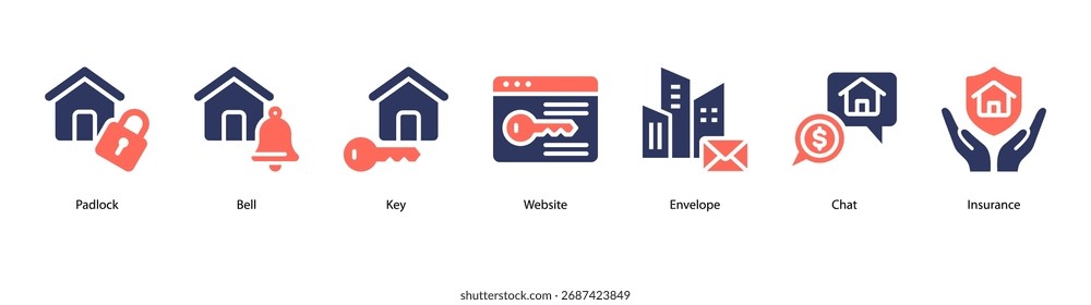 Comunicação e acesso web banner ícone de vetor ilustração com Padlock, Bell, chave, site, Envelope, bate-papo e seguro.