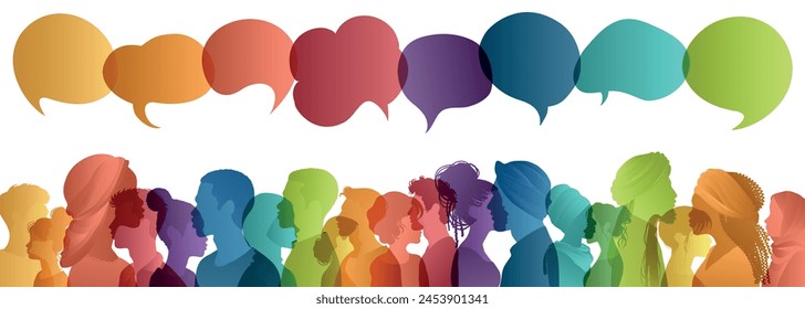 Communication across diverse cultures -  Multicultural dialogue represented by colored silhouette and speech bubbles of multiethnic individuals. Diversity equality inclusion concept