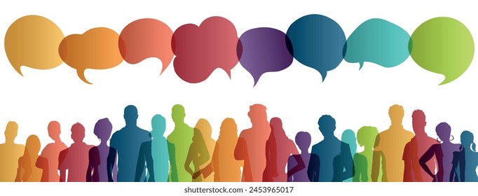 Communication across diverse cultures -  Multicultural dialogue represented by colored silhouette and speech bubbles of multiethnic individuals. Diversity equality inclusion. Front-view