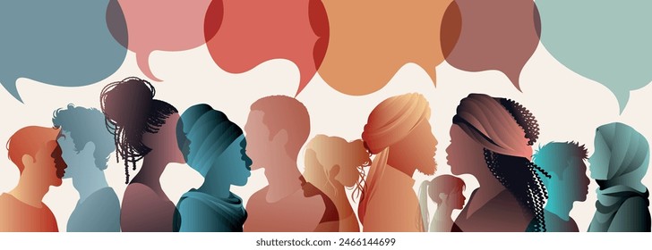 Communication across diverse cultures - Multicultural dialogue represented by colored silhouette and speech bubbles of multiethnic individuals. Diversity equality inclusion concept