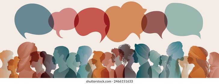 Communication across diverse cultures - Multicultural dialogue represented by colored silhouettes and speech bubbles of multiethnic individuals. Diversity equality inclusion concept