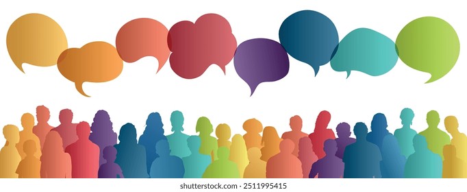Communication across diverse cultures -  Multicultural dialogue represented by colored silhouette and speech bubbles of multiethnic individuals. Front-view. Diversity equality inclusion