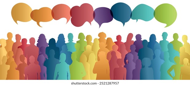 Communication across diverse cultures -  Multicultural dialogue represented by colored silhouettes and speech bubbles of multiethnic individuals. Diversity equality inclusion. Front-view