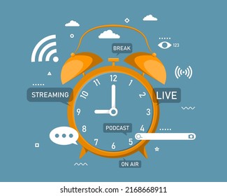 Communication activity online concept, Online activity reminder alarm clock, Digital marketing illustration.