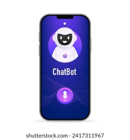 Communication with ai bot via mobile phone. AI servers and robot technologies. Voice support service bot. A robot assistant for website or mobile application customer support. Vector illustration
