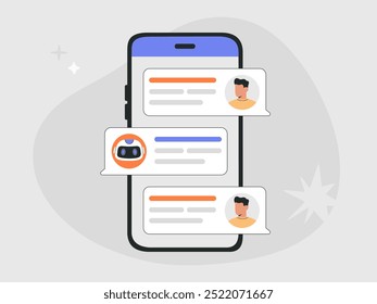 Comunicación con el bot del chat de la IA y el concepto de preguntas frecuentes, smartphone grande y burbujas del discurso, diálogo entre el asistente inteligente artificial y el Cliente humano. Ilustración vectorial plana sobre fondo aislado