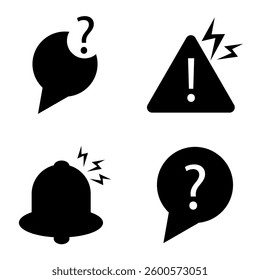Communication Alert Icons: A collection of graphic icons, including speech bubbles with question marks, exclamation point within a triangle, and a ringing bell, representing important messages.