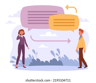 Communication, alternative exchange of opinions. Man and woman speaking and chatting, speech bubbles, online conversation, virtual discussion, social networks. Vector cartoon flat concept
