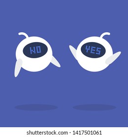  Comunicación. Alternativas. Tecnologías. Dos robots blancos con señales Sí y No en sus pantallas / ilustración vectorial plana editable, imagen prediseñada