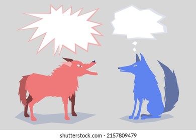 Communication of angry red dog and calm blue dog. Place for text. Understanding, stress resistance concept