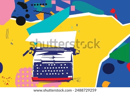 Communication and announcement concept with typewriter. Digital marketing and advertising design. New and events promotion collage. Creative background for copywriting and content writing - vector	