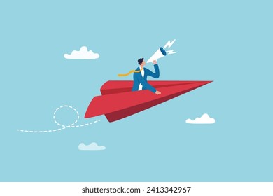 Communication, announcement or marketing message, loud speaker promotion notice or communicate important information concept, businessman on origami airplane shouting or announce message on megaphone.