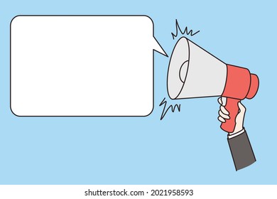 Communication, announcement and public advertisement concept. Human hand holding megaphone speaker with mockup copy space white bubble speech vector illustration 