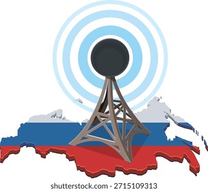 Eine Kommunikationsantenne auf einer Grundkarte von Russland mit nationalen Flaggenfarben (Weiß, Blau, Rot). Blaue konzentrische Kreise symbolisieren die Signalübertragung. (ausgeschnitten)
