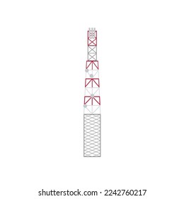 Communication antenna, television broadcast or data transmission system, cellular networks tower, radio signal station. Red and white radio tower cartoon illustration. Telecommunication concept