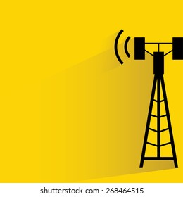 communication antenna tower on yellow background, flat and shadow theme