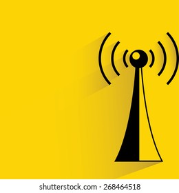 communication antenna tower on yellow background, flat and shadow theme