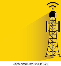 communication antenna tower on yellow background, flat and shadow theme