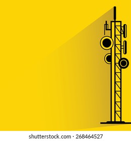 communication antenna tower on yellow background, flat and shadow theme