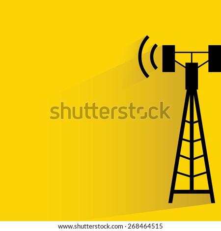 communication antenna tower on yellow background, flat and shadow theme