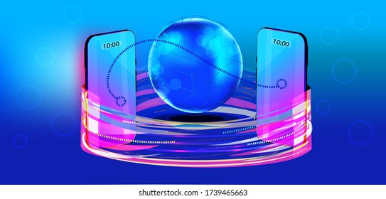 Kommunikation überall auf der Welt.  mobiles und internetbasiertes Konzept.  zwei Smartphones und einen Planeten dazwischen.  Lichtstrahlen verbinden Telefone.  Darstellung eines Vektors auf einem blauen Hintergrund.  Neonleuchte.