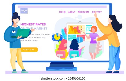 Aplicación de comunicación Diseño del sitio web de la tienda de Internet. Plantilla de página de inicio de tienda en línea. Pasatiempo para los adolescentes, charlando a través de Internet. Mensajero pagado. Chica de pie con laptop y trabajos