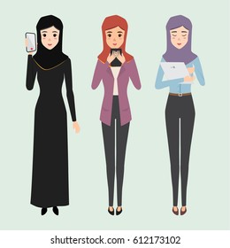 communication arab people with a mobile phone or laptop. illustration vector character.