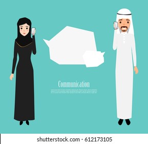 communication arab people with a mobile phone. illustration vector character.