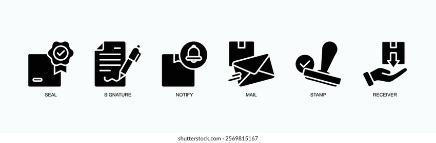 Communication And Authentication Icons Icon Set Isolated Vector Illustration Concept With Icon Of Seal, Signature, Notify, Mail, Stamp, Receiver In Glyph Style