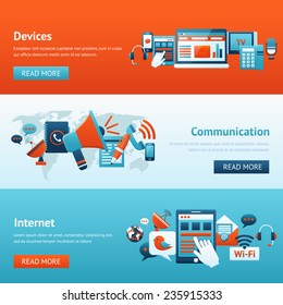 Communication banner set with mobile internet devices isolated vector illustration