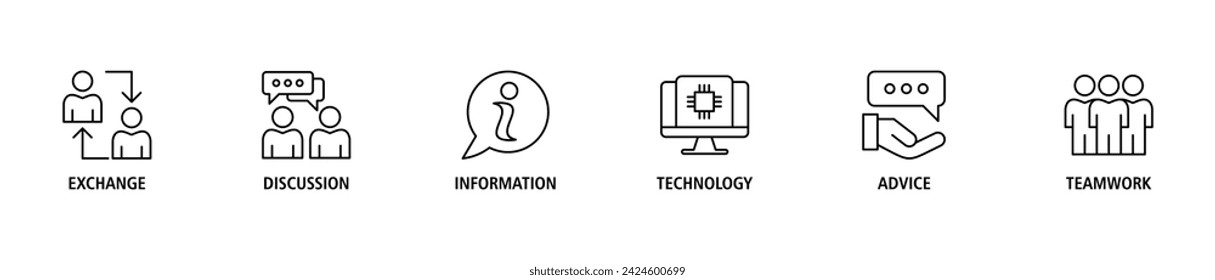Communication banner web icon set vector illustration concept with icon of exchange, discussion, information, technology, advice, and teamwork