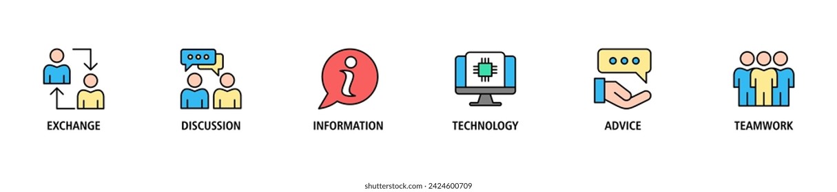 Concepto de ilustración vectorial de conjunto de iconos web de banner de comunicación con icono de intercambio, discusión, información, tecnología, asesoramiento y trabajo en equipo