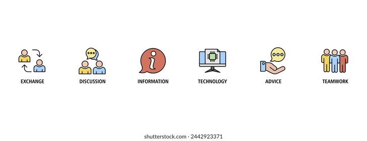 Kommunikationsbanner Web-Icon Vektor-Illustrationskonzept mit Icon von Austausch, Diskussion, Information, Technologie, Beratung und Teamarbeit