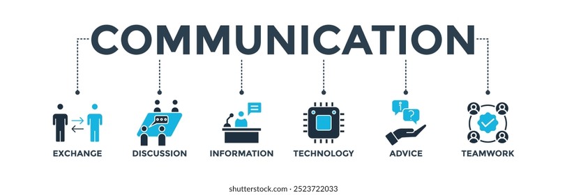 Banner de comunicação ícone web vetor ilustração conceito com ícone de troca, discussão, informação, tecnologia, aconselhamento e trabalho em equipe
