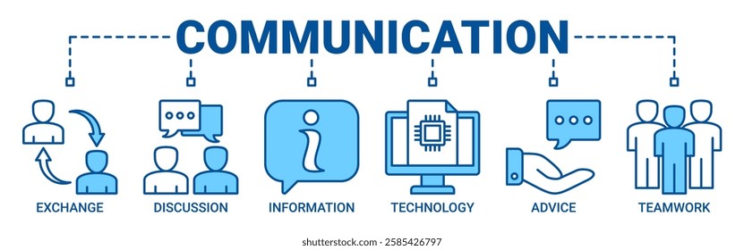 Communication banner web icon vector illustration concept with icon of exchange, discussion, information, technology, advice, and teamwork icons. Outline blue line vector symbol background