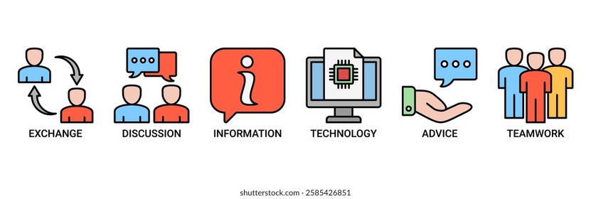 Communication banner web icon vector illustration concept with icon of exchange, discussion, information, technology, advice, and teamwork icons. Outline icon color vector symbol background
