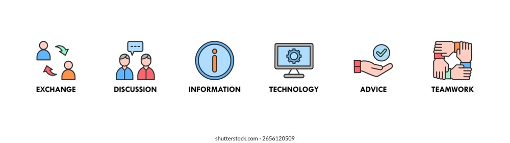Concepto de Ilustración vectorial del icono del Web del Anuncio de la comunicación con el icono del intercambio, de la discusión, de la información, de la tecnología, del consejo, y del trabajo en equipo