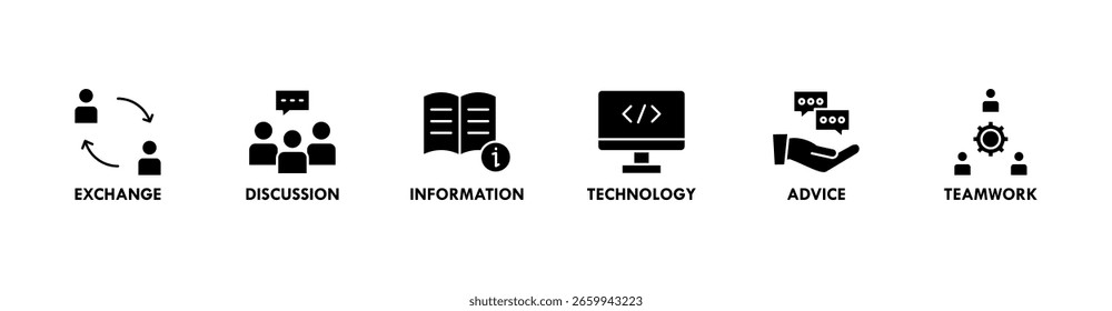Kommunikationsbanner Web-Symbol, Vektorgrafik-Konzept mit Symbol für Austausch, Diskussion, Information, Technologie, Beratung und Teamarbeit