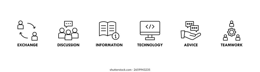 Banner de comunicação ícone web vetor ilustração conceito com ícone de troca, discussão, informação, tecnologia, aconselhamento e trabalho em equipe