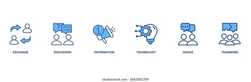 Kommunikationsbanner Web-Symbol, Vektorgrafik-Konzept mit Symbol für Austausch, Diskussion, Information, Technologie, Beratung und Teamarbeit